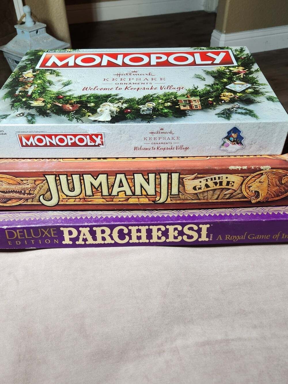 Lot 3 Board Games Monopoly® Hallmark Keepsake Village Edition Jumanji Parcheesi